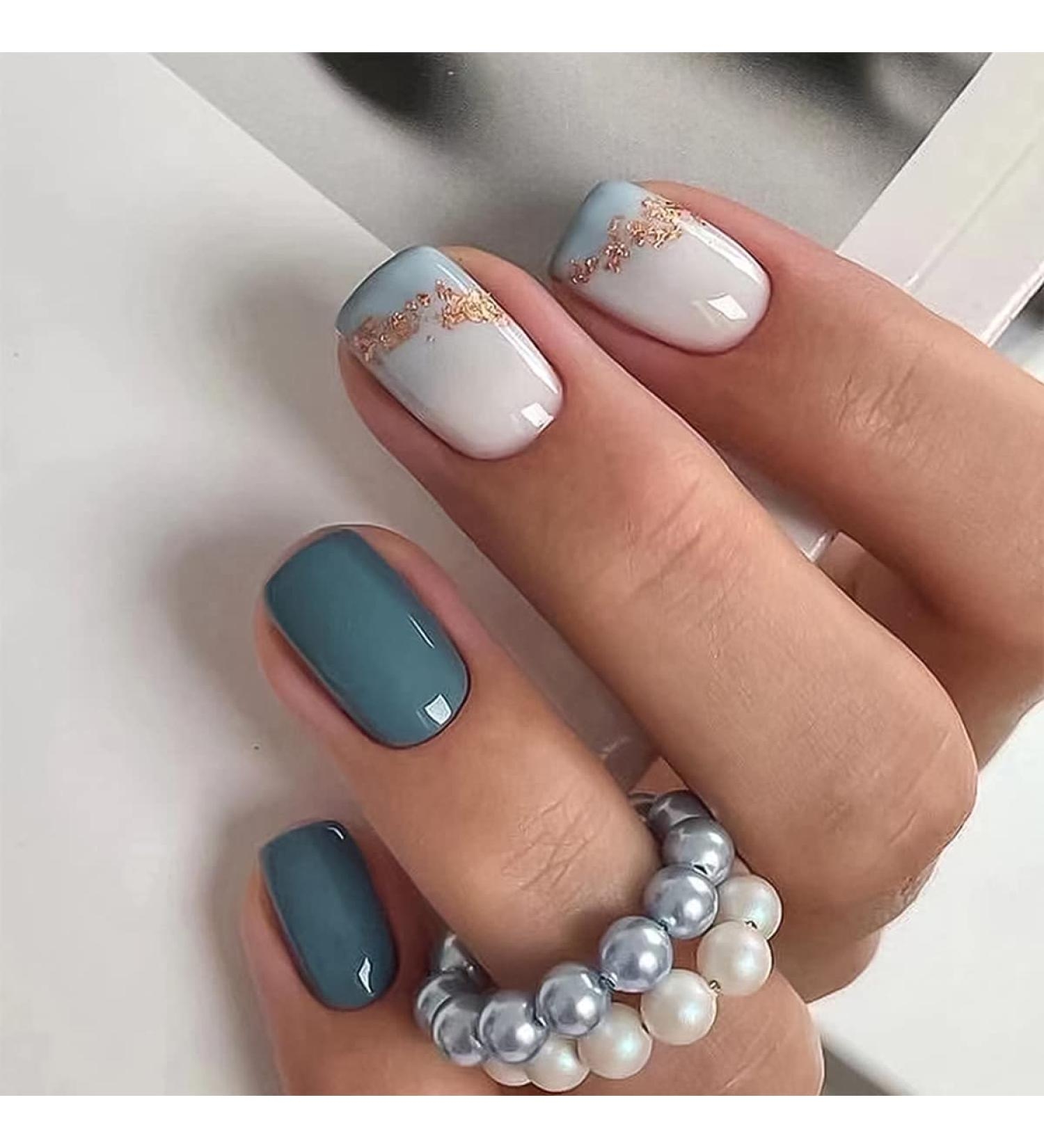 Blue Short Square Press On Nails With White Gradient 24PCS Full Cover Acrylic Fake Nails For Women Buy Now With Express International Delivery GoSupps