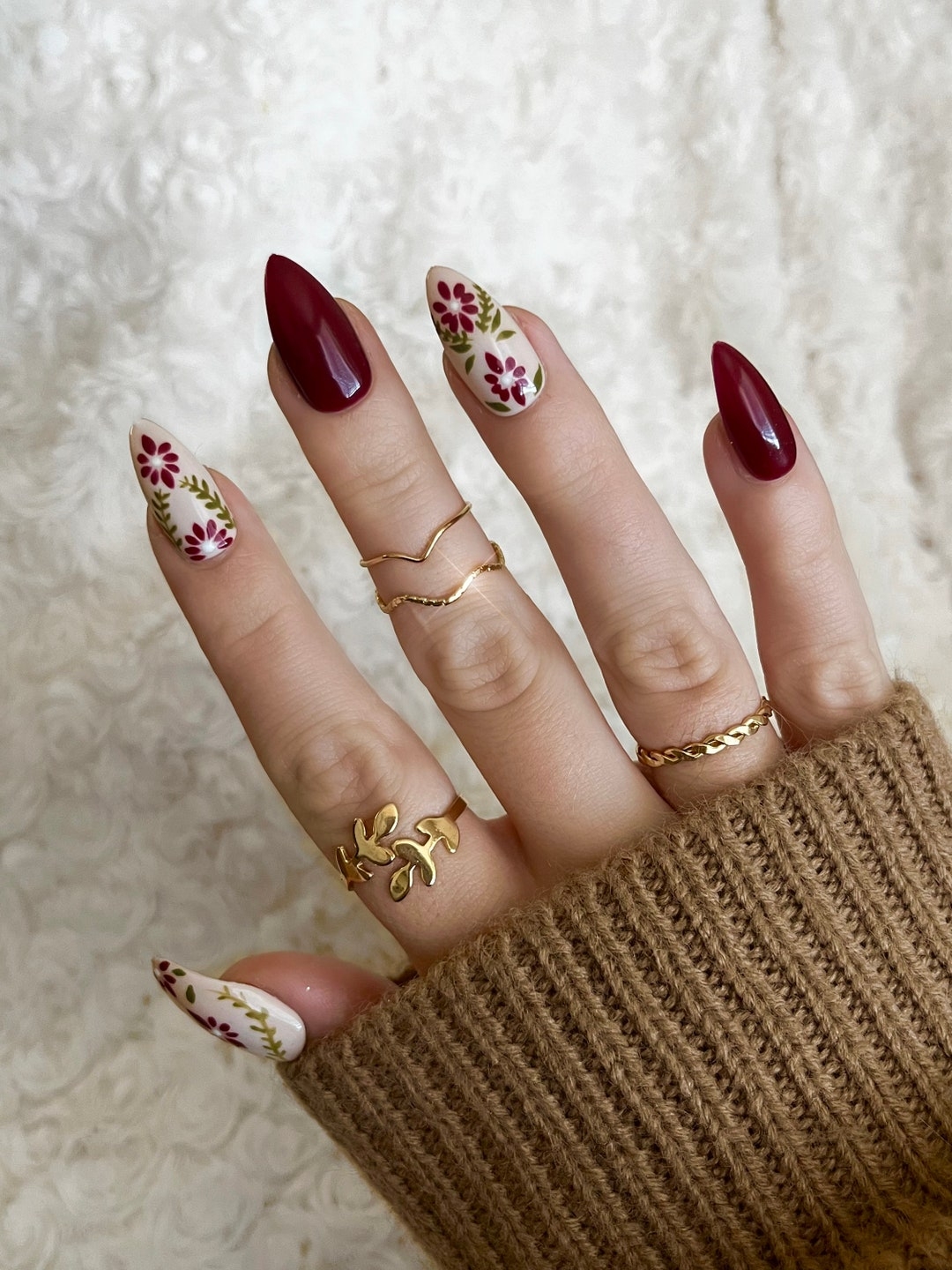 Boho Fall Press On Nails Fall Press On Nails Burgundy Press On Nails Floral Press On Nails Etsy