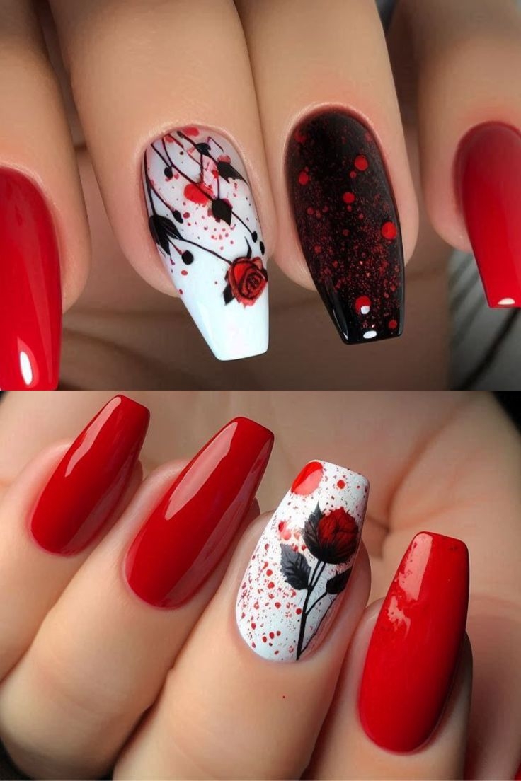 Bold Red Halloween Nails With Black Rose Red Splatter Accents 