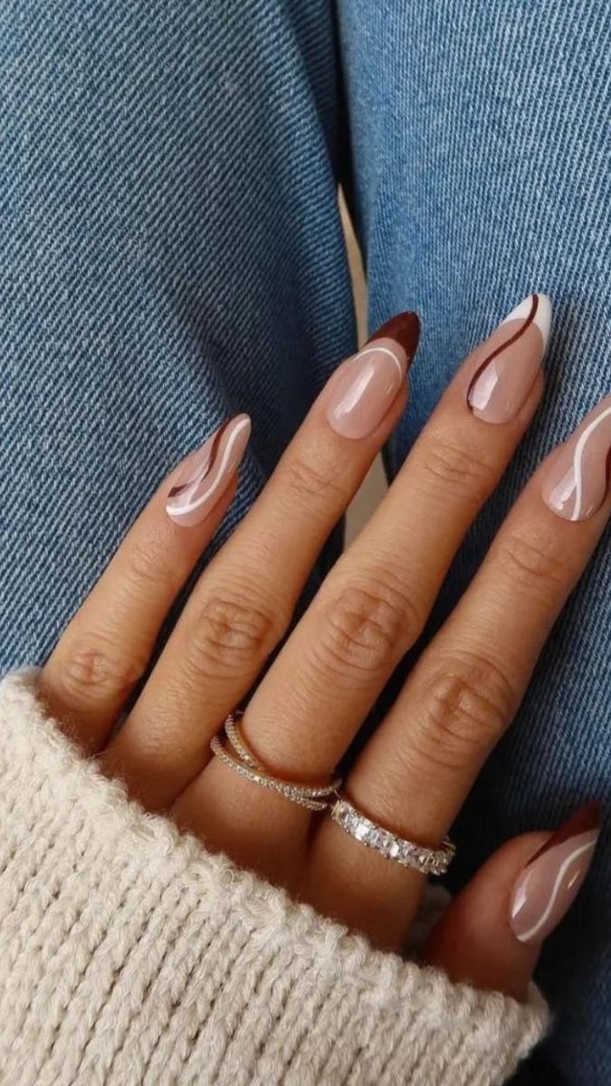 Brown White Waves Nails