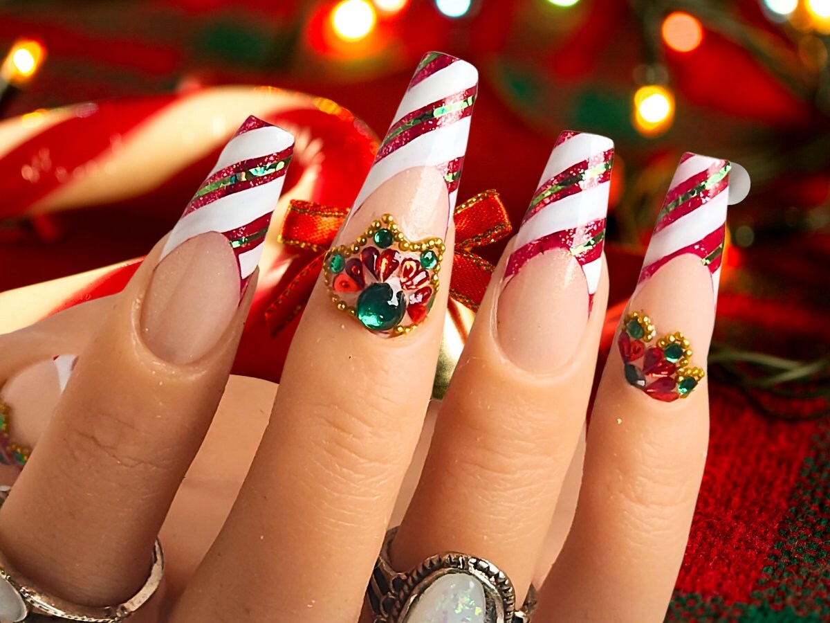Candy Cane Nail Art Design Luxury Gel Press On Nails Etsy