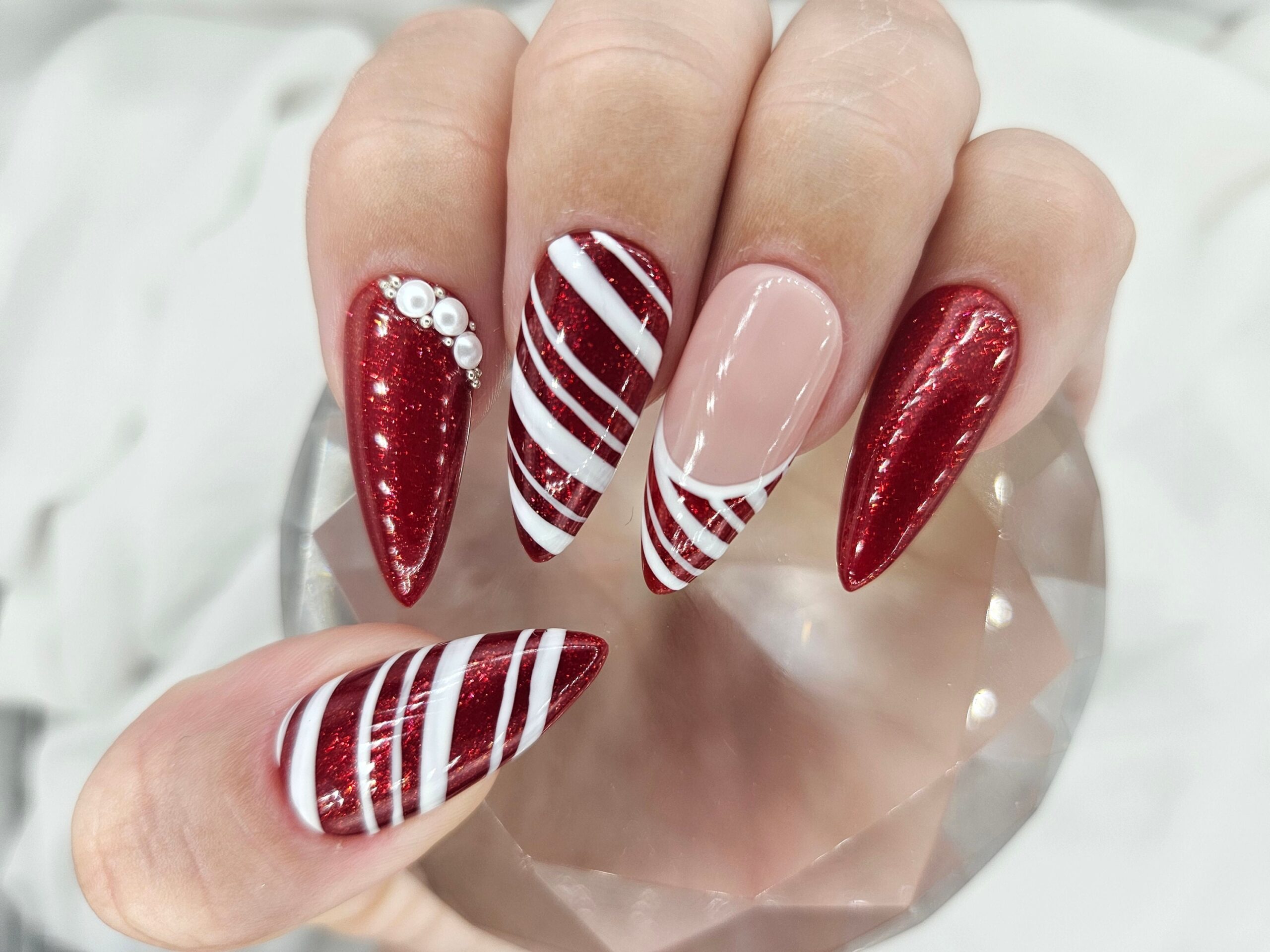 Candy Cane Press On Nails Christmas X mas Nail Art Winter Glam Inspo Press Ons Fake Nails Rhinestone Accent Luxury Nail Design Etsy