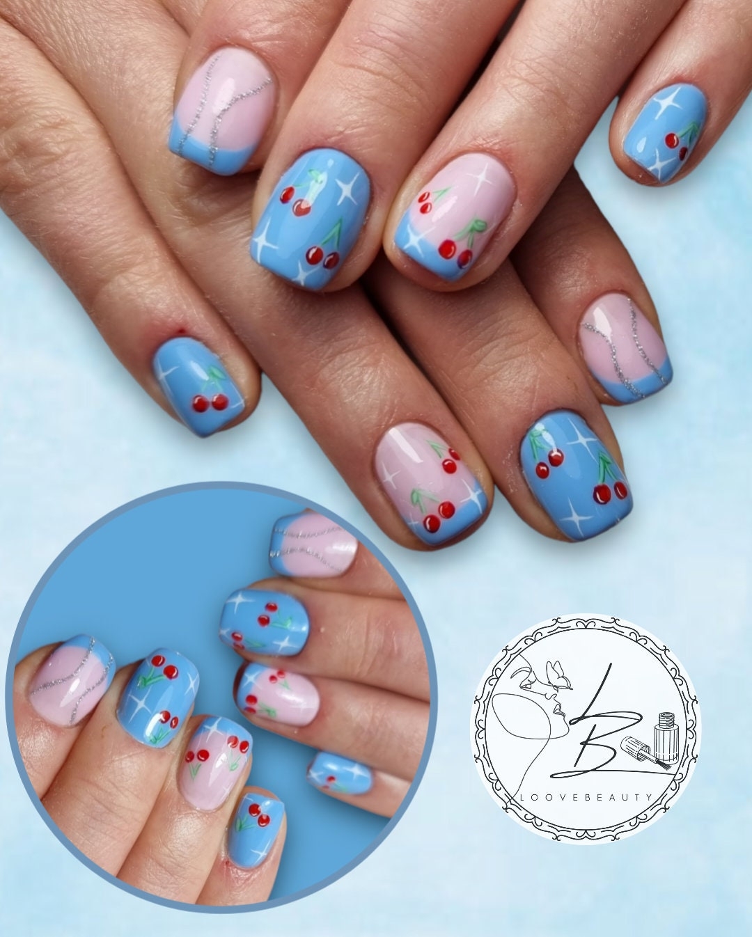 Cherry Nails Blue Summery Nails Cherries Y2K Blue Nails LUXURY PRESS ON False Nails Press On Nails Glue On Etsy