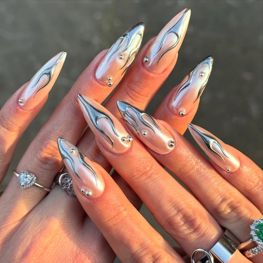 Chrome Flame Press On Nails By Auritanail Silver Metallic Fire Nail Art Handmade Luxury Fake Nails Flame Design Press Ons DC329Y Etsy