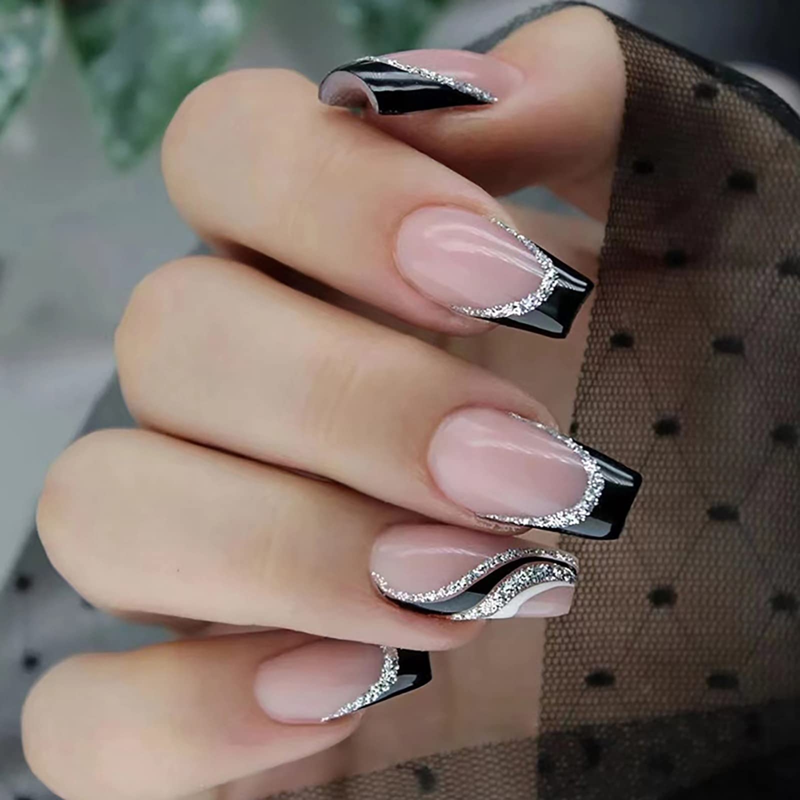 Coffin Shape French Tip Press On Nails Black Sliver Wave Design 24Pcs Buy Now With Express International Delivery GoSupps