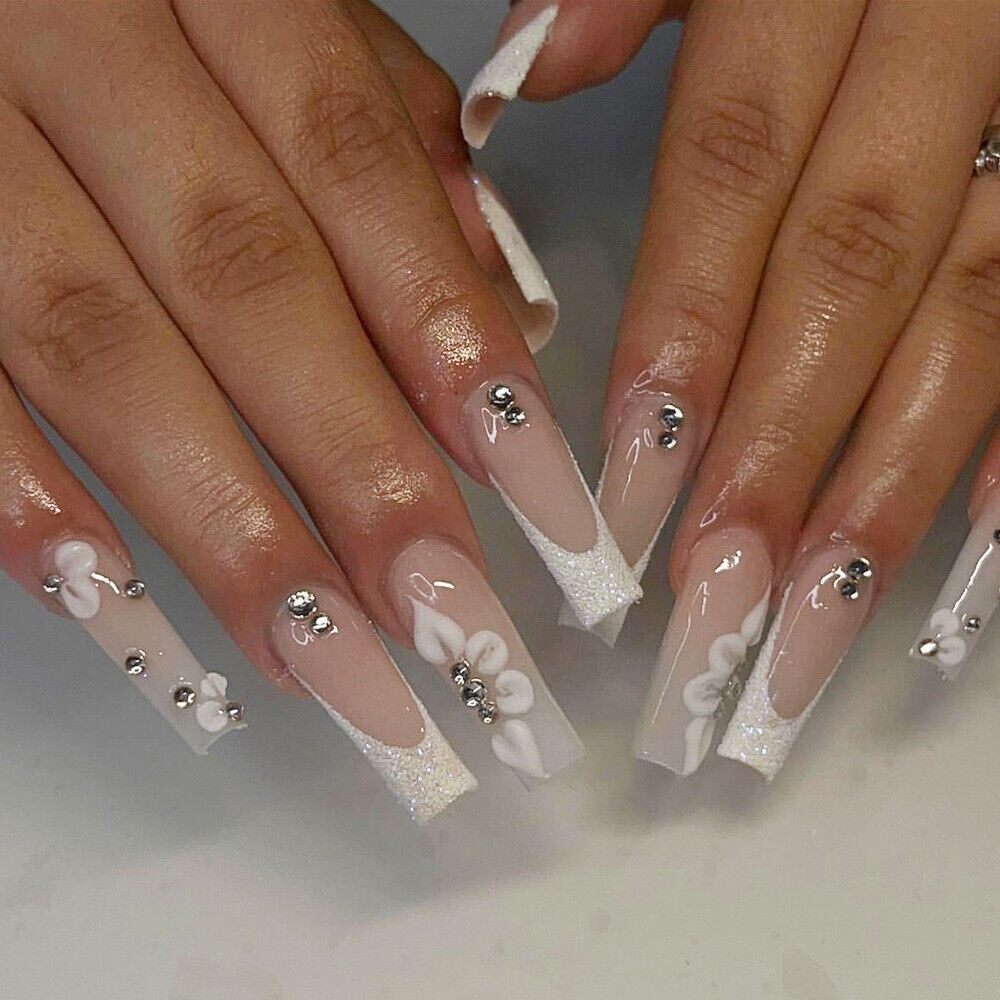 Cream White Flowers False Nail Long Coffin Press On Nails For Nail Art 24pcs EBay
