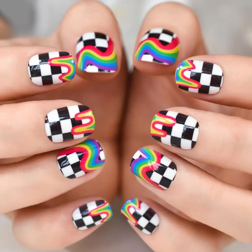 Daily Classic Checkerboard Pre designed Press On False Nails Short Round Rainbow Manicure Reusable Fake Acrylic Nail Art Tips False Nails AliExpress