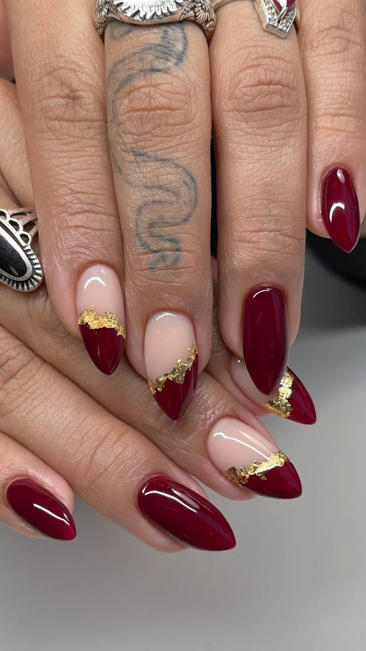 Dark Red Gold Foil Nails