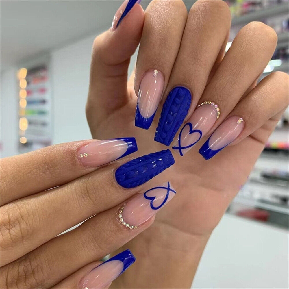 Deep Blue French False Nail Summer Long Coffin Press On Nails For Nail Art 24pcs EBay