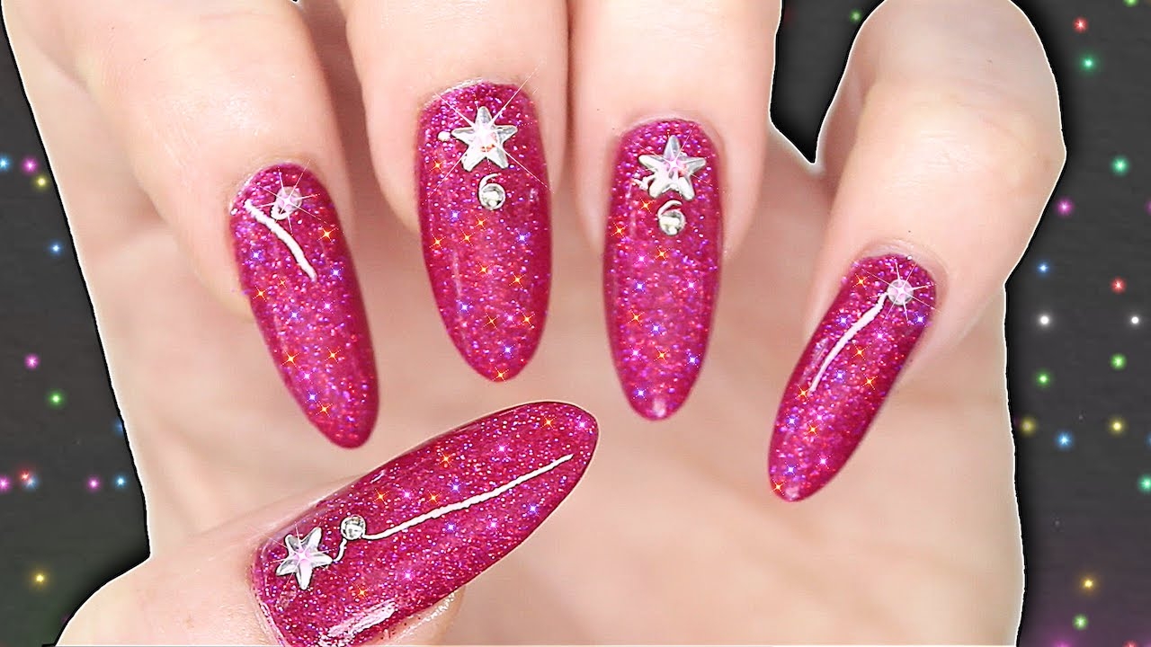 DIY GEL POLISH EFFECT NAILS HOT PINK HOLOGRAPHIC GLITTER NAILART WITH STUDS YouTube