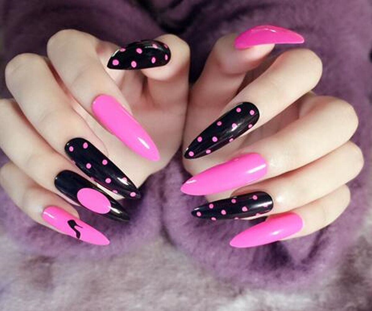 False Nails Full Cover X Long STILETTO Fake Artificial Pink Black Pink Polka Dot EBay