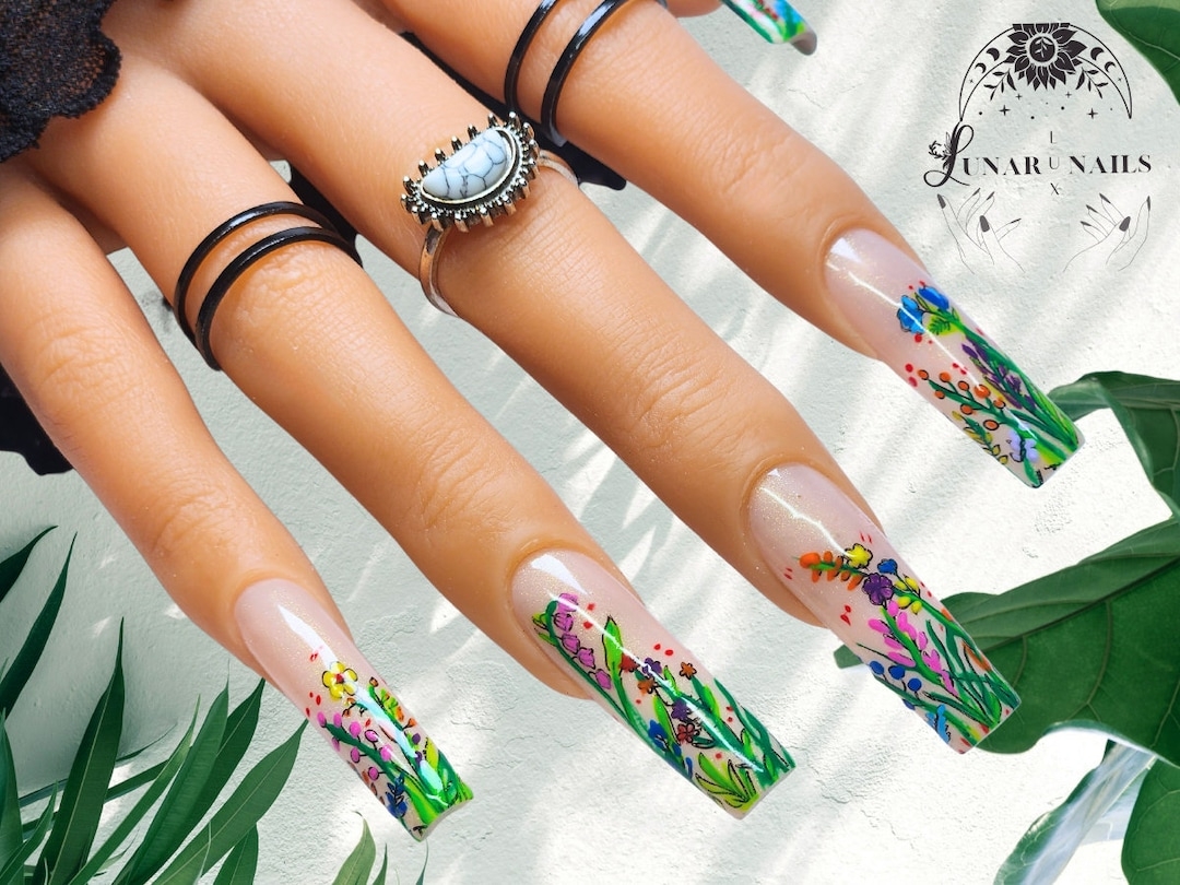 Flower Garden Spring Nail Art Design Luxury Gel Press On Nails Etsy