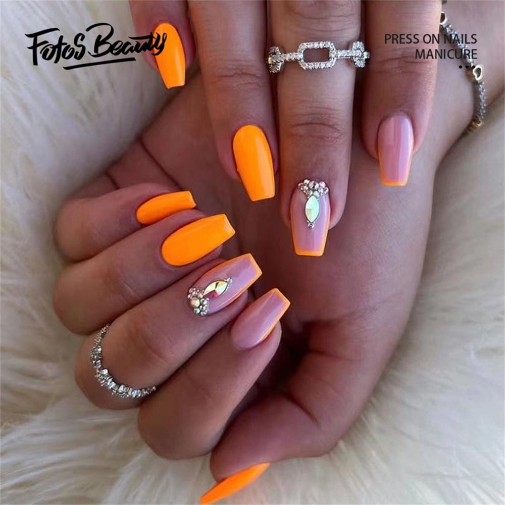 Fofosbeauty 24 Pcs Short Coffin False Nails Press on Nails Designs 2022 Metal Orange Juice Walmart