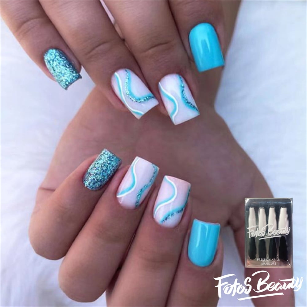 Fofosbeauty 24 Pcs Short False Nails Press on Nails Designs 2024 Square Blue White Op Art Walmart