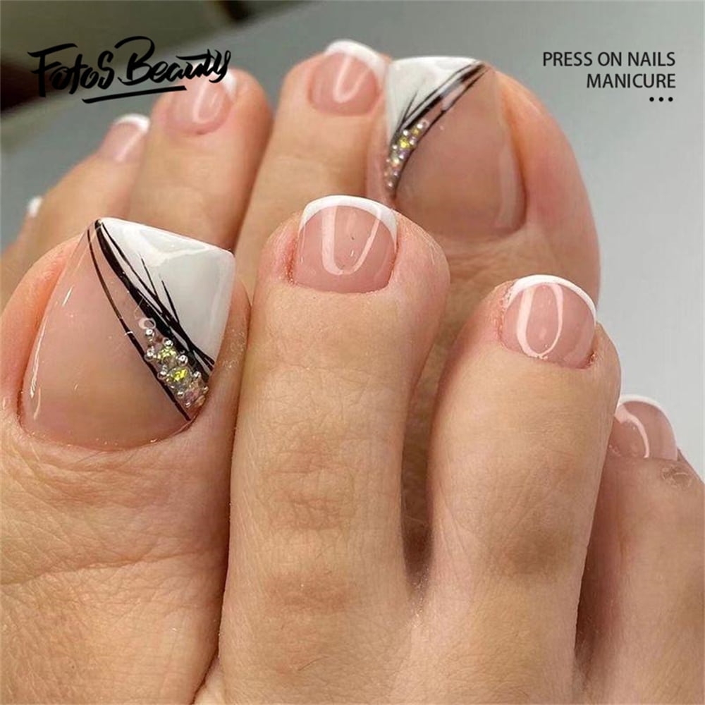 Fofosbeauty 24 PCS Toe Nail Designs 2022 Short Square Press On Toenails French Feather White Walmart