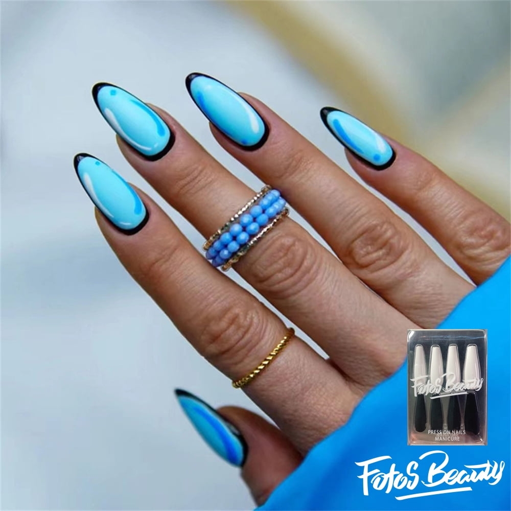 Fofosbeauty 24pcs Medium False Nails Press on Nails Designs 2023 Almond Cartoon Black Blue Print Walmart