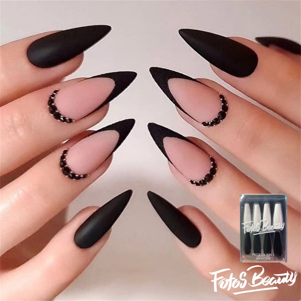 Fofosbeauty 24pcs Medium False Nails Press on Nails Designs 2023 Almond Matte Black Stone Shining Walmart