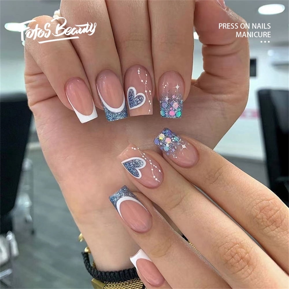 Fofosbeauty 24pcs Press On Nails 2024 Fake Nails Short Coffin Tips Design Love Glitter Blue Walmart