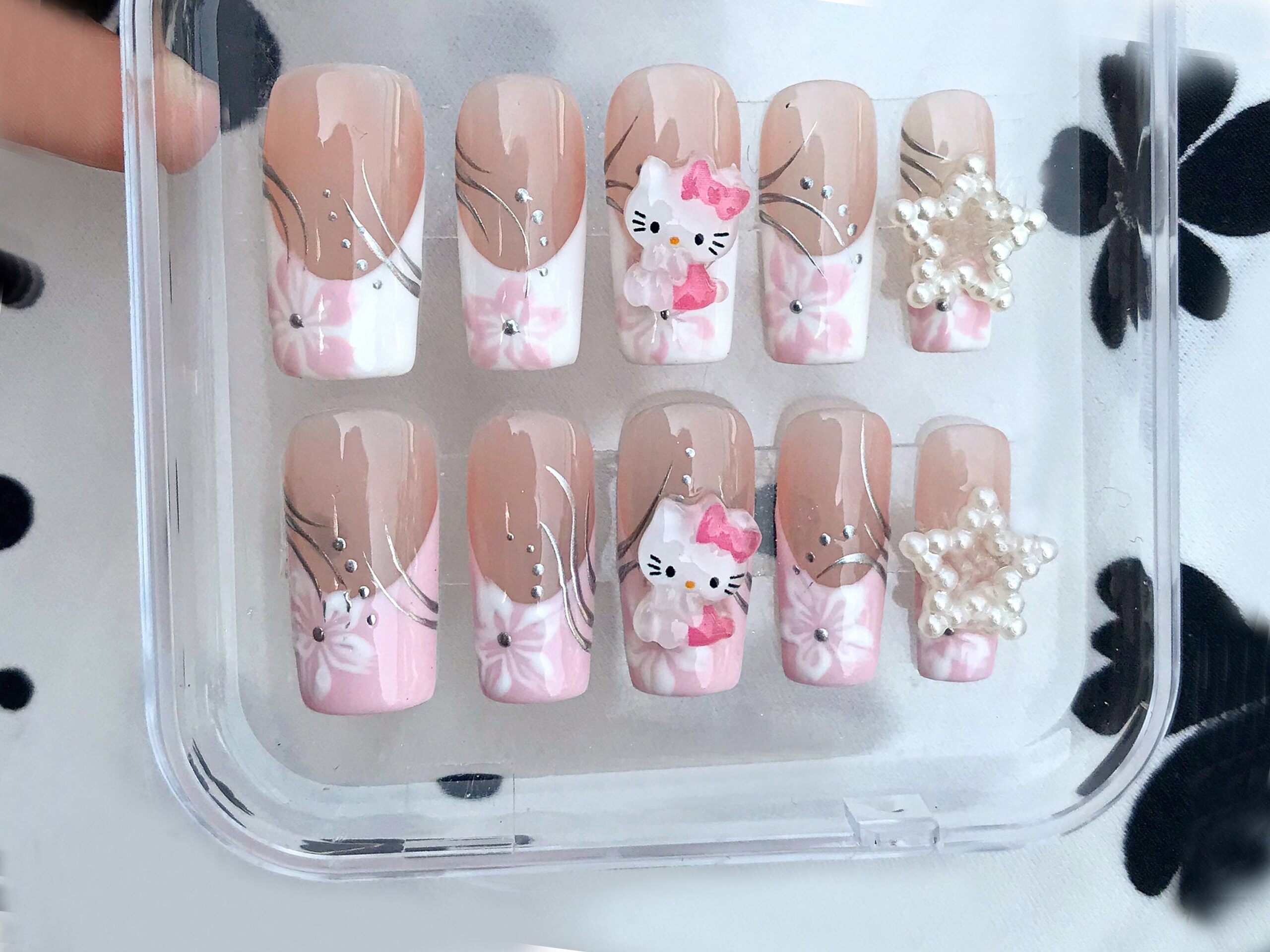 French Tip Elegance Meets Hello Kitty Charm Luxurious Nail Art Kawaii Press On Nail Trendy Nails Handmade Hello Kitty Nail Charms HC10 Etsy