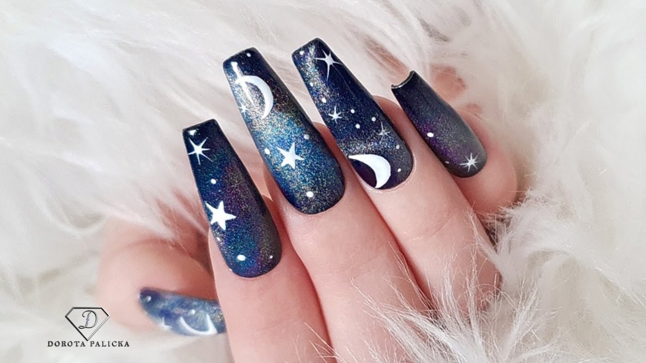 Galaxy Nails With Rainbow Cat Eye Magnetic Gel Polish Stars And Moons Nail Art Cat Eye Gel Polish YouTube