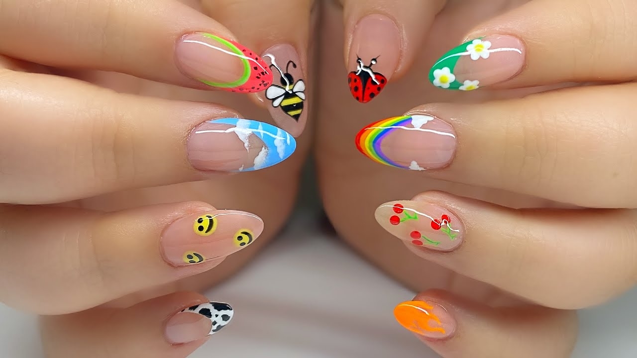 Gel X Nails 10 Different Fun Summer 2021 Nail Art Ideas Rainbow Cow Cloud Flame Nail Tutorial YouTube