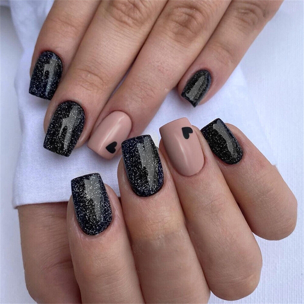 Glitter Black Heart False Nail Medium Square Press On Nails For Nail Art 24pcs EBay