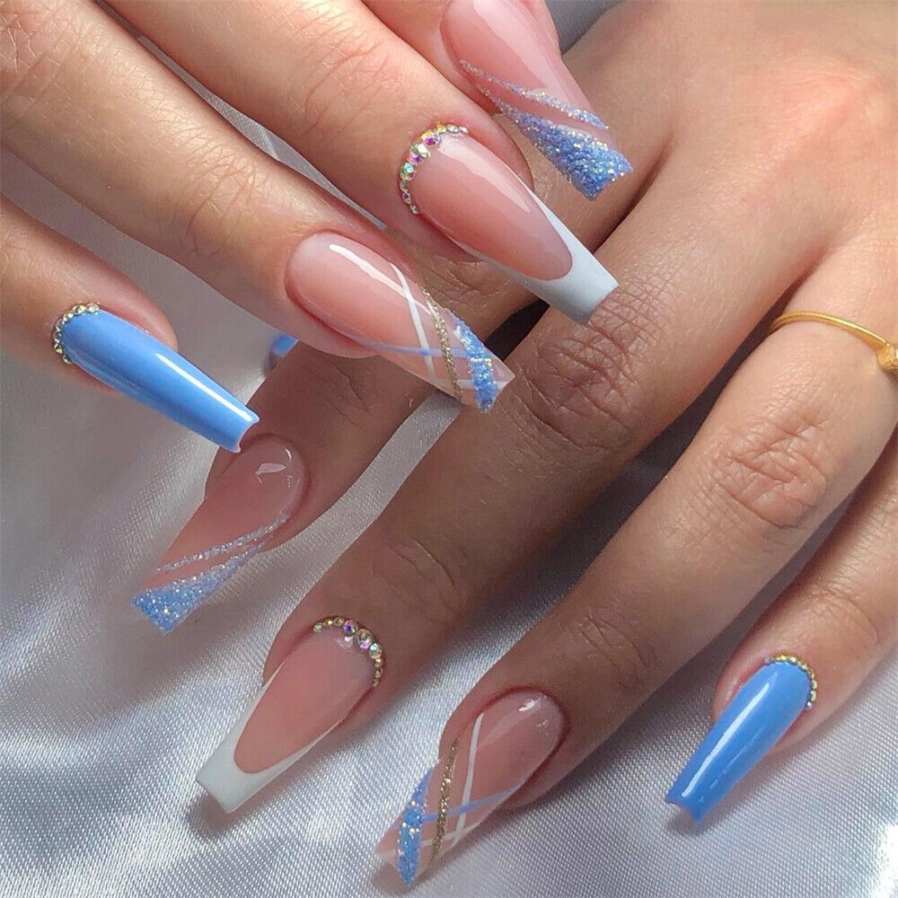 Glitter Blue Fake Nail Long Coffin French Tips Press On Nails For Nail Art 24pcs EBay