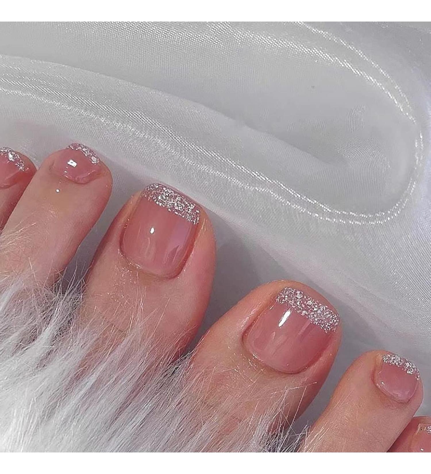 Glitter Pink Square Fake Toenails French Tip Acrylic Summer Toe Nails 24Pcs Buy Now With Express International Delivery GoSupps