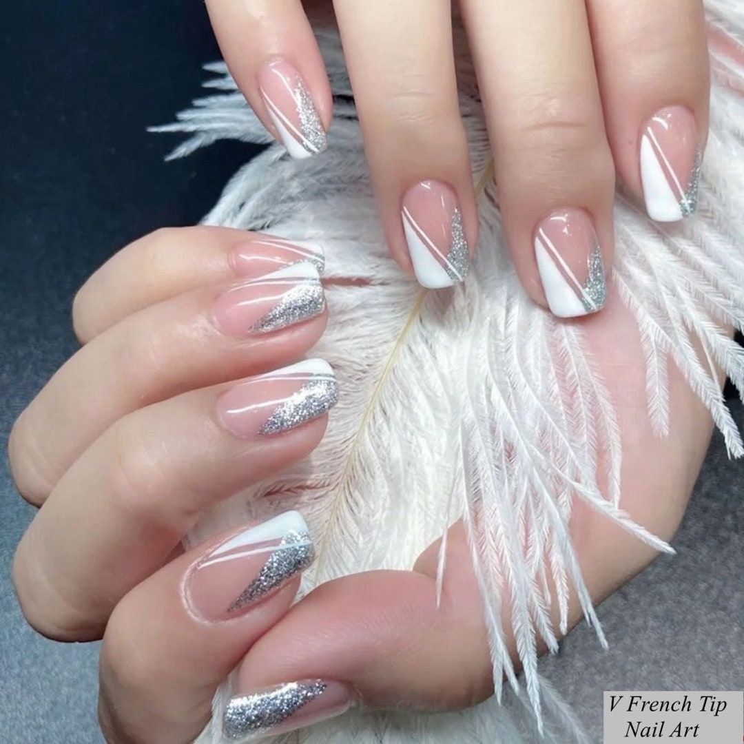 Glitter Silver French Nail Art Stickers White Square French Tips V Shaped French Nail Self Adhesive Nail Art Decals Sticker Csseries Etsy