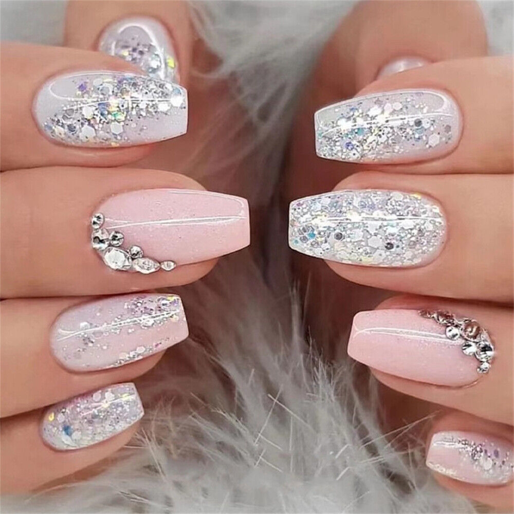 Glitter Silver Sequins False Nail Short Coffin Press On Nails For Nail Art 24pcs EBay