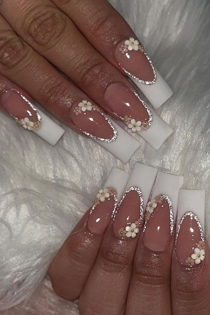 Glittery French Tip Nails With Flowers 35 Stunning Wedding Nail Designs For Brides