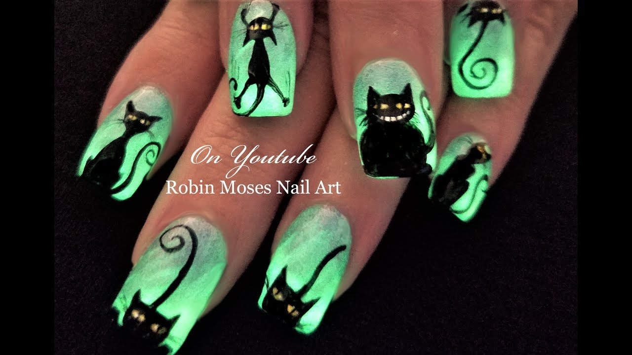 Glowing Black Cats Easy Halloween DIY Nail Art Design Tutorial YouTube