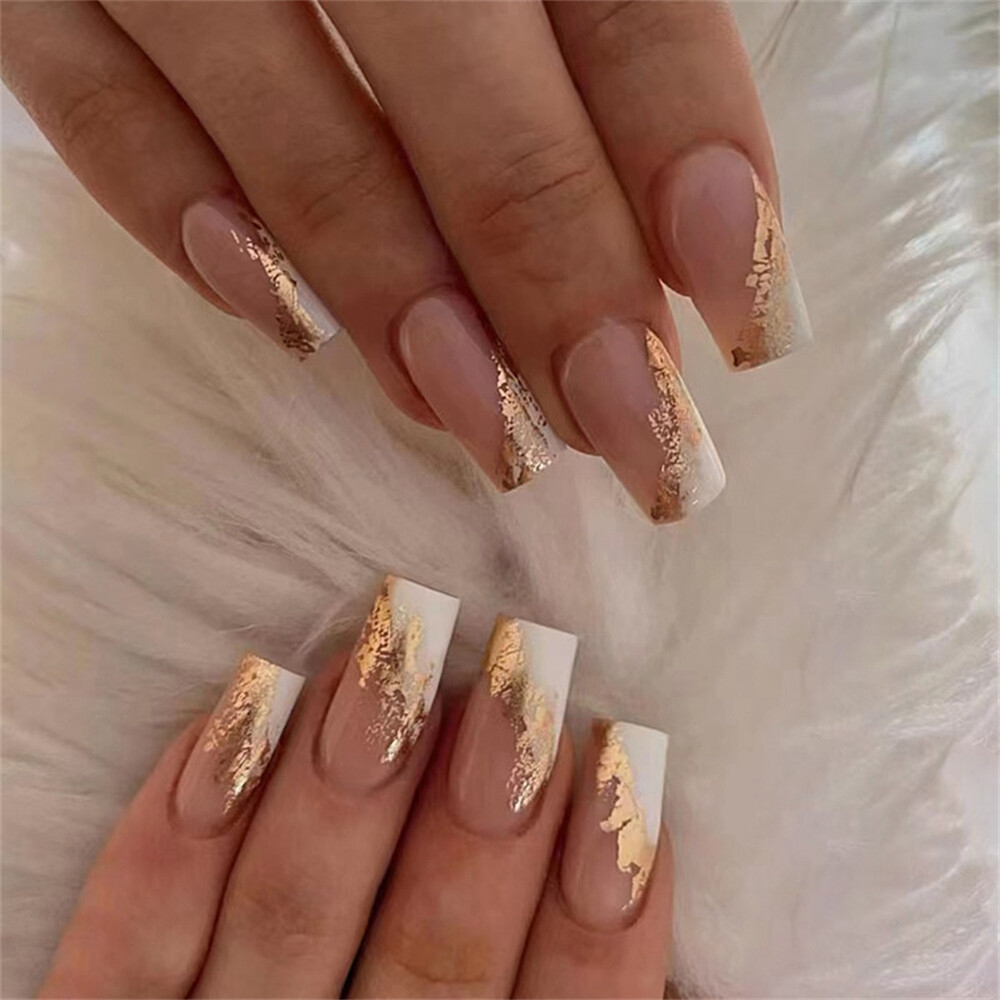Gold Foil French False Nail Long Coffin Press On Nails For Nails Art 24pcs EBay Gold Foil French False Nail Long Coffin Press On Nails For Nails Art 24pcs EBay