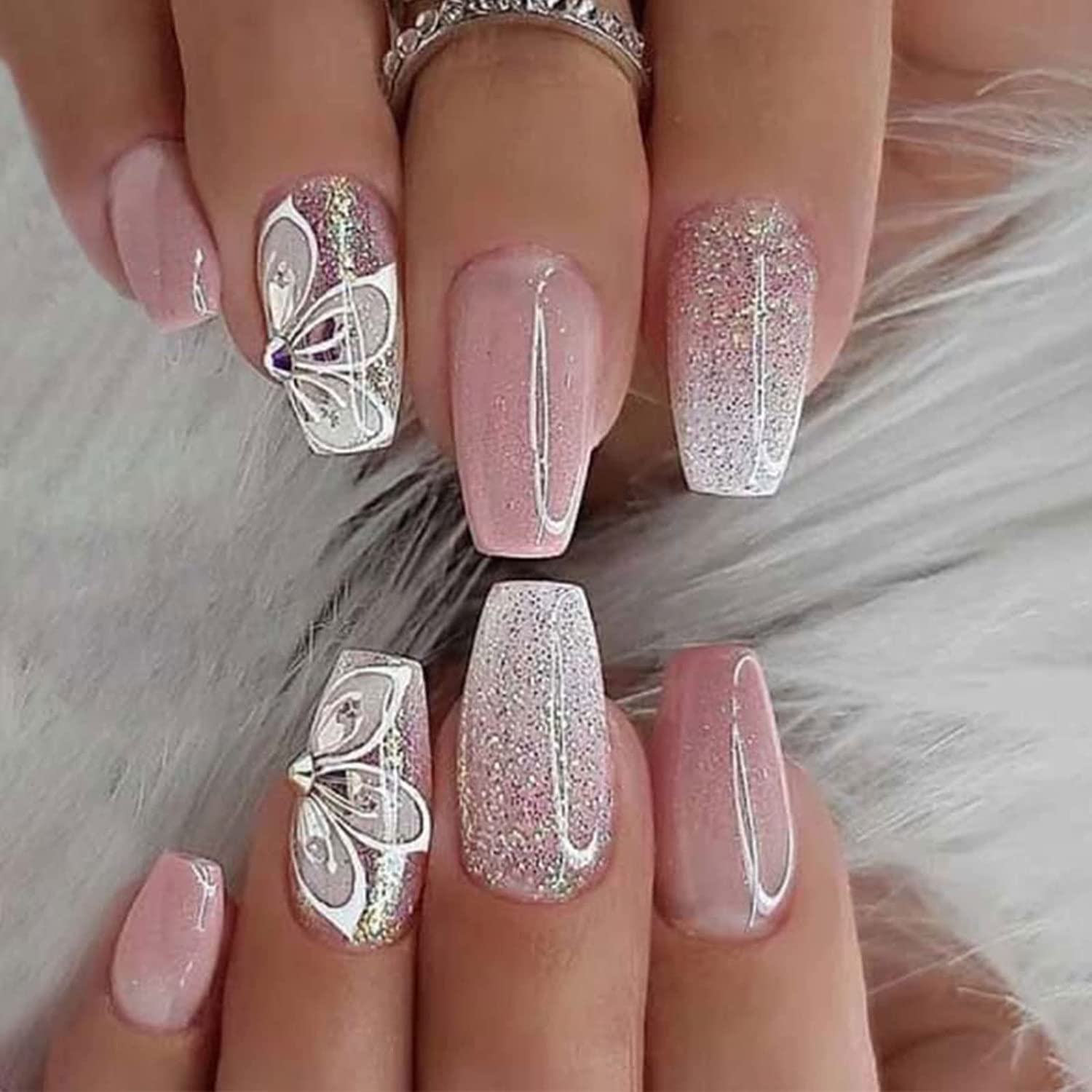 Gradient Pink Coffin Fake Nails With Butterfly Rhinestone Designs 24pcs Medium Length Press On Nails For Gradient Pink Coffin Fake Nails With Butterfly Rhinestone Designs 24pcs Medium Length Press On Nails For