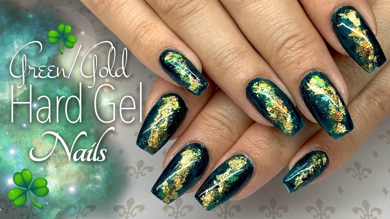 Green And Gold Hard Gel Nails ST Patrick s Day Nails Encapsulated Gel Polish Design YouTube
