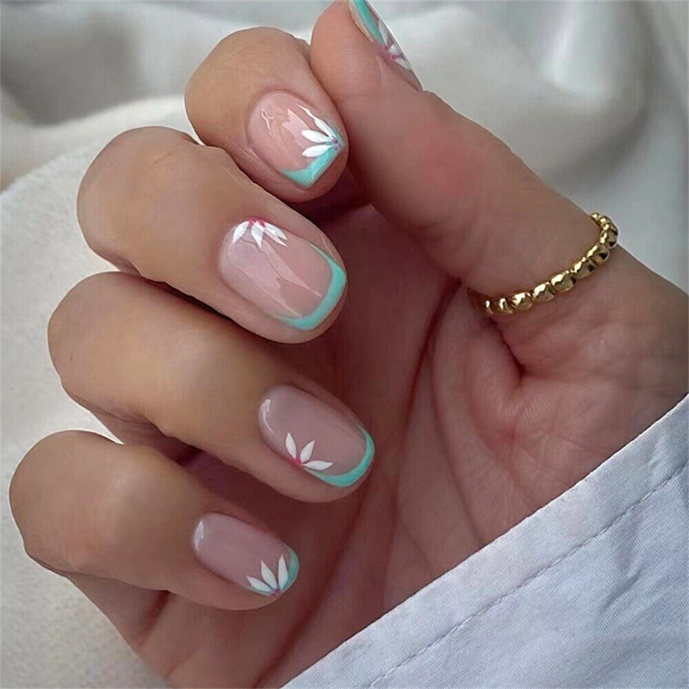 Green French Summer False Nail Short Square Press On Nails For Nail Art 24pcs EBay