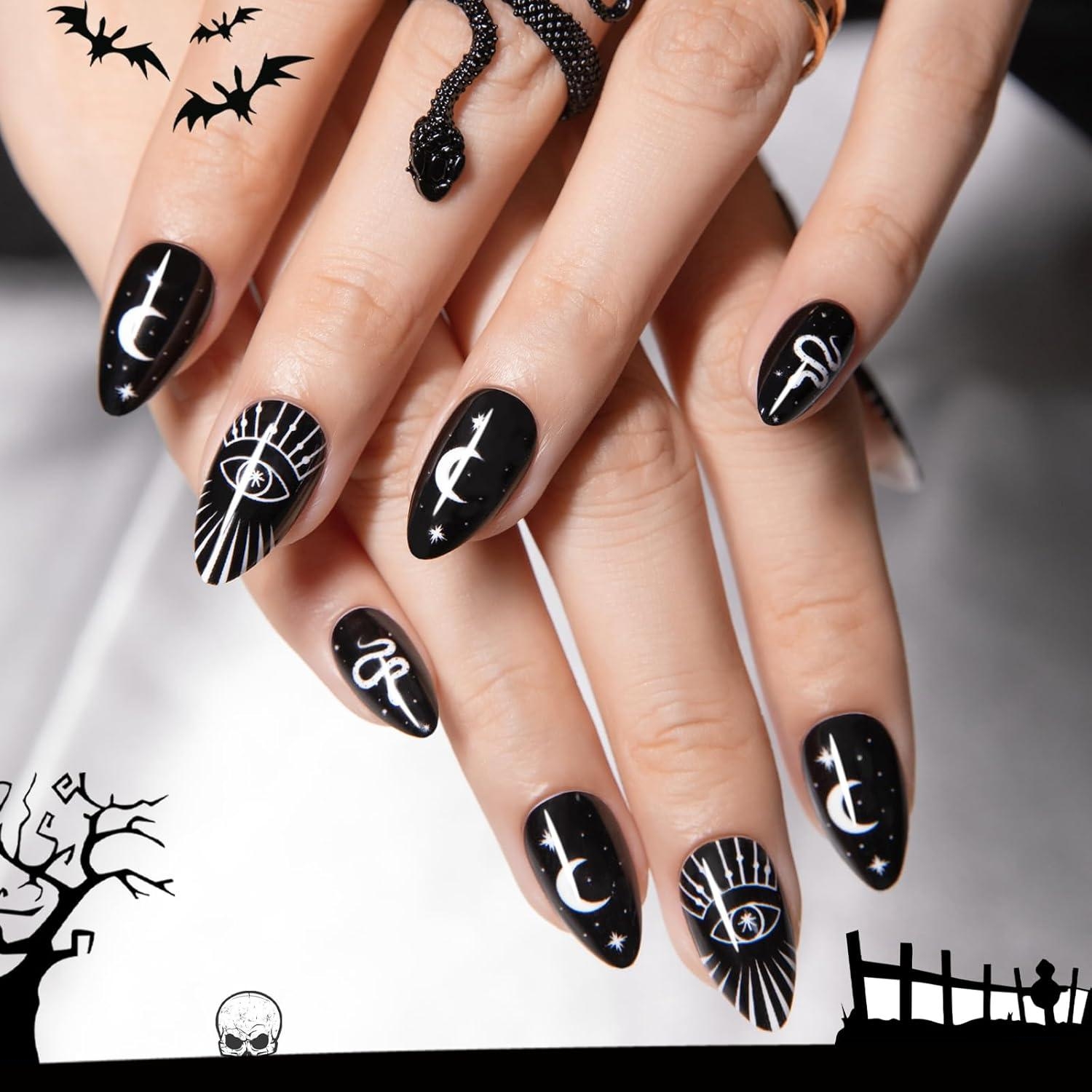 Halloween Press On Nails Black Goth Short Almond Snake Moon Designs Spooky 30 Nail Kit With Glue 15 Sizes Available Buy Now With Express International Delivery GoSupps