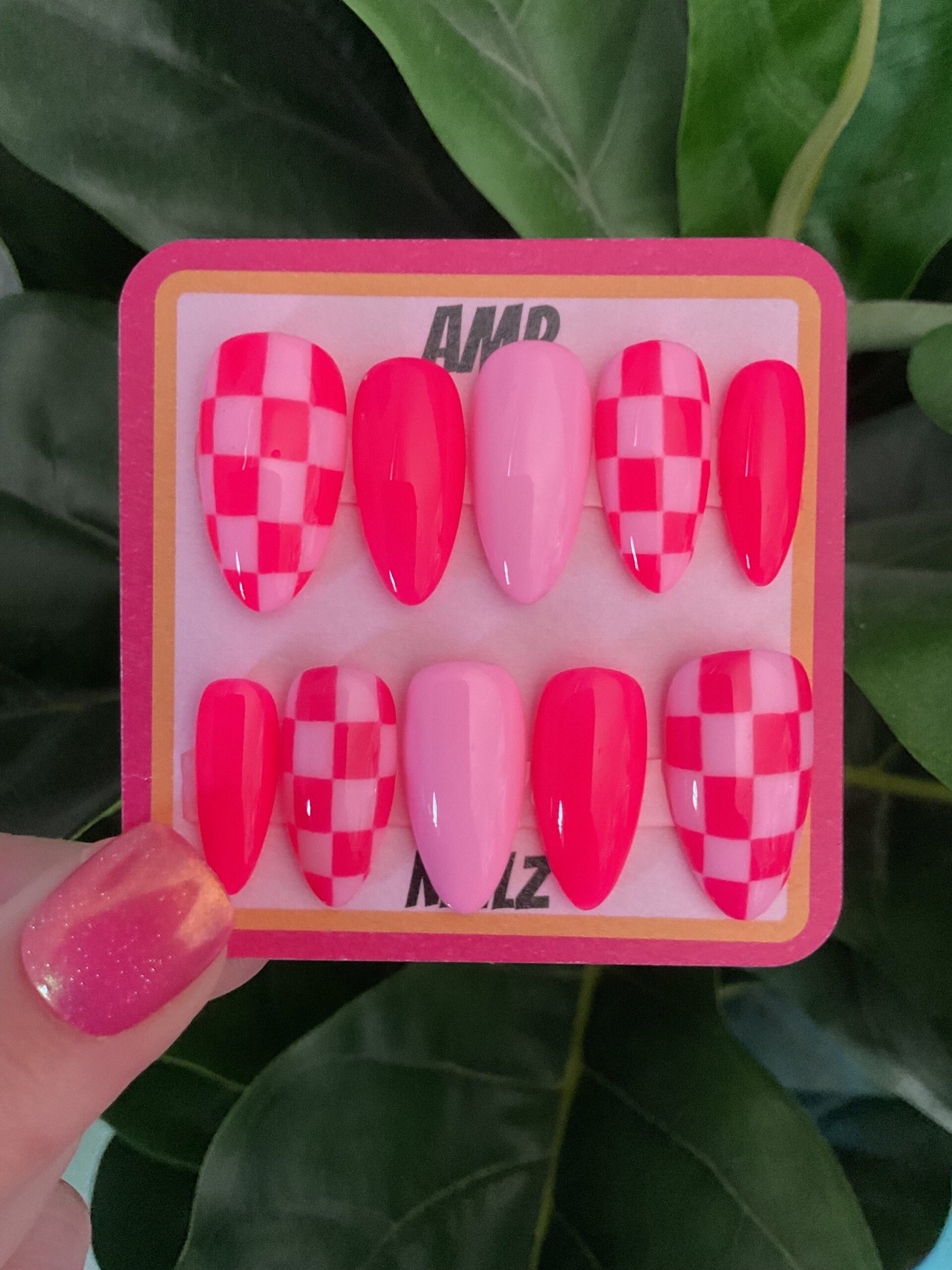 Hand Painted Pink Checkered Mismatched Press On Nails checkered Nails y2k Nails pink Press On Nails Neon Pink Nails Etsy