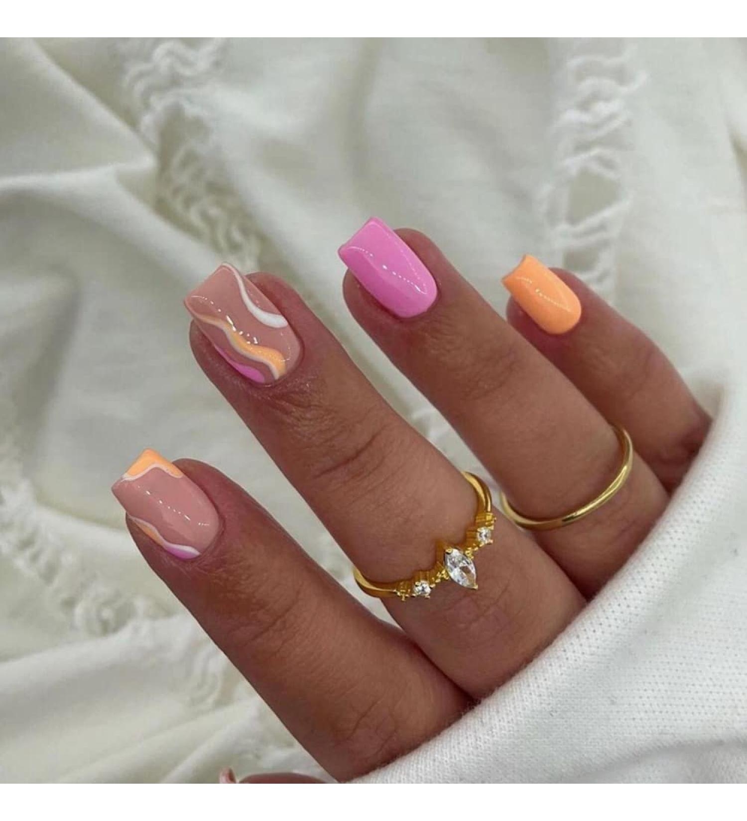KXAMELIE Glossy Pink Swirl Design Short Square Coffin Press On Nails 24 Pieces Buy Now With Express International Delivery GoSupps