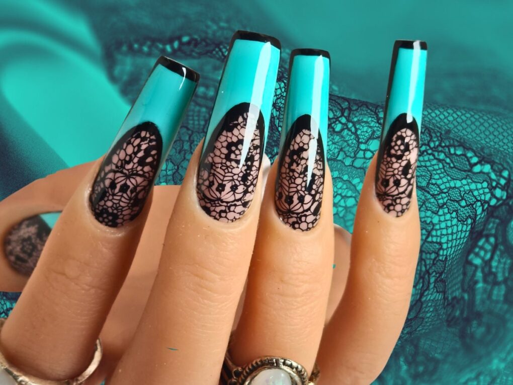Lace Teal French Tip Nail Art Design Luxury Gel Press On Nails Etsy