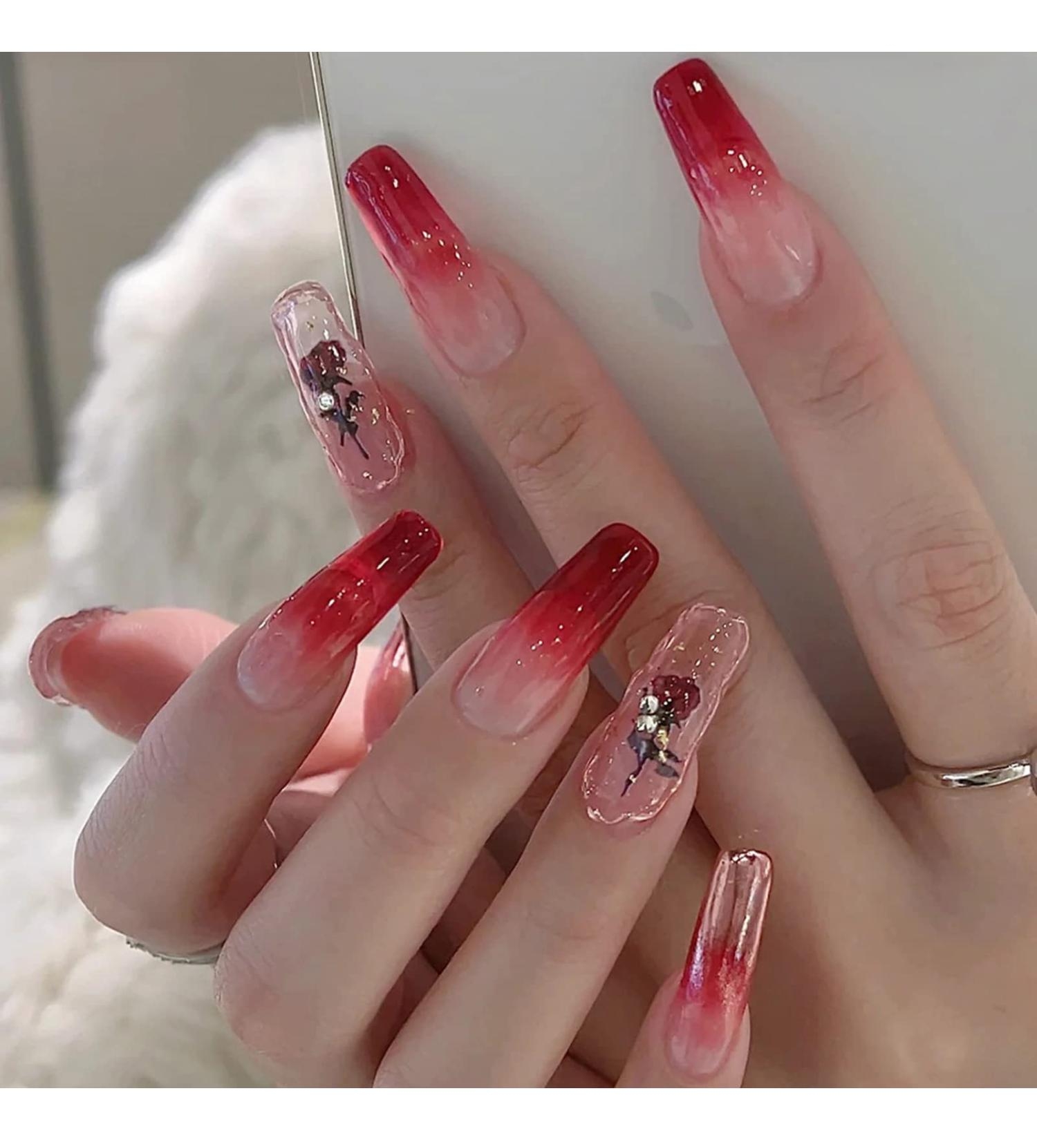 Long Coffin Red Press On Nails With Rhinestone Rose Design Full Cover Stick On False Nails For Women Cute Flower Artificial Nails For Valentines Day Manicure Buy Now With