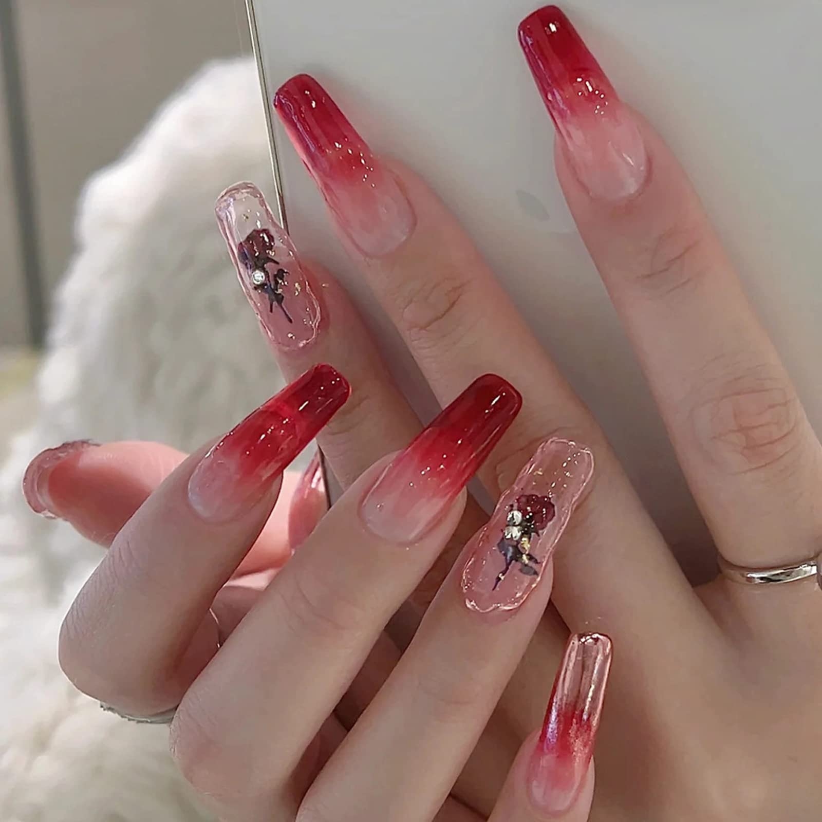 Long Coffin Red Press On Nails With Rhinestone Rose Design Full Cover Stick On False Nails For Women Cute Flower Artificial Nails For Valentines Day Manicure Buy Now With