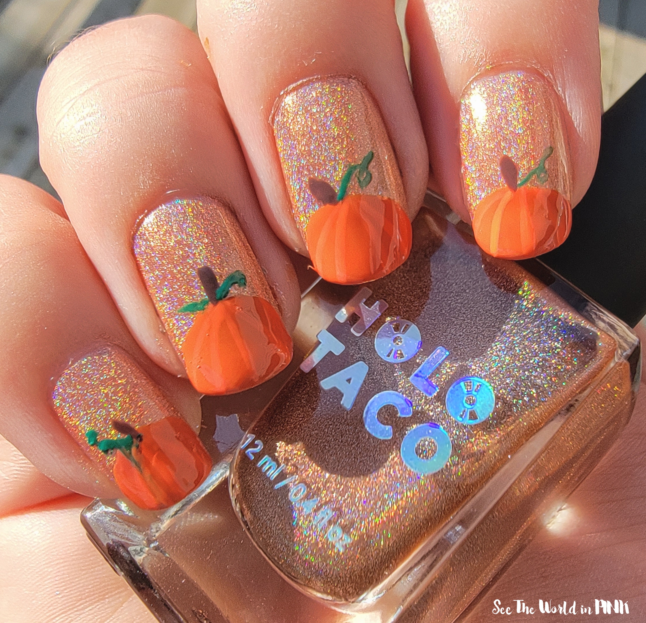 Manicure Tuesday Fall Holographic Pumpkin Nails See The World In PINK