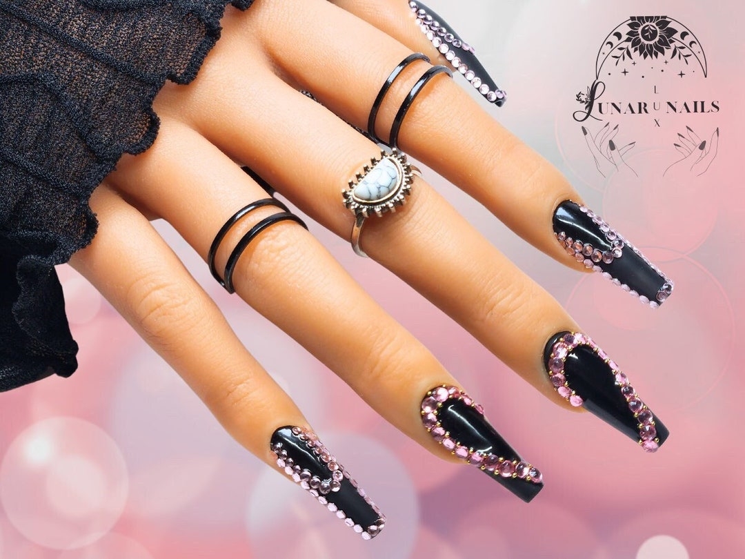 Matte Black Pink Rhinestone Heart Nail Art Design Luxury Gel Press On Nails Etsy