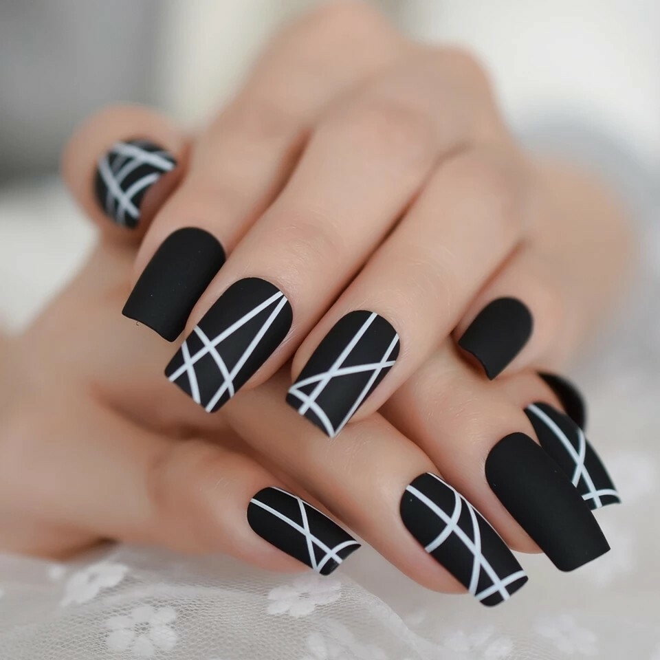 Matte Black Square Press On Nails With Glue Funky Edgy Alt Goth 80s White Design EBay