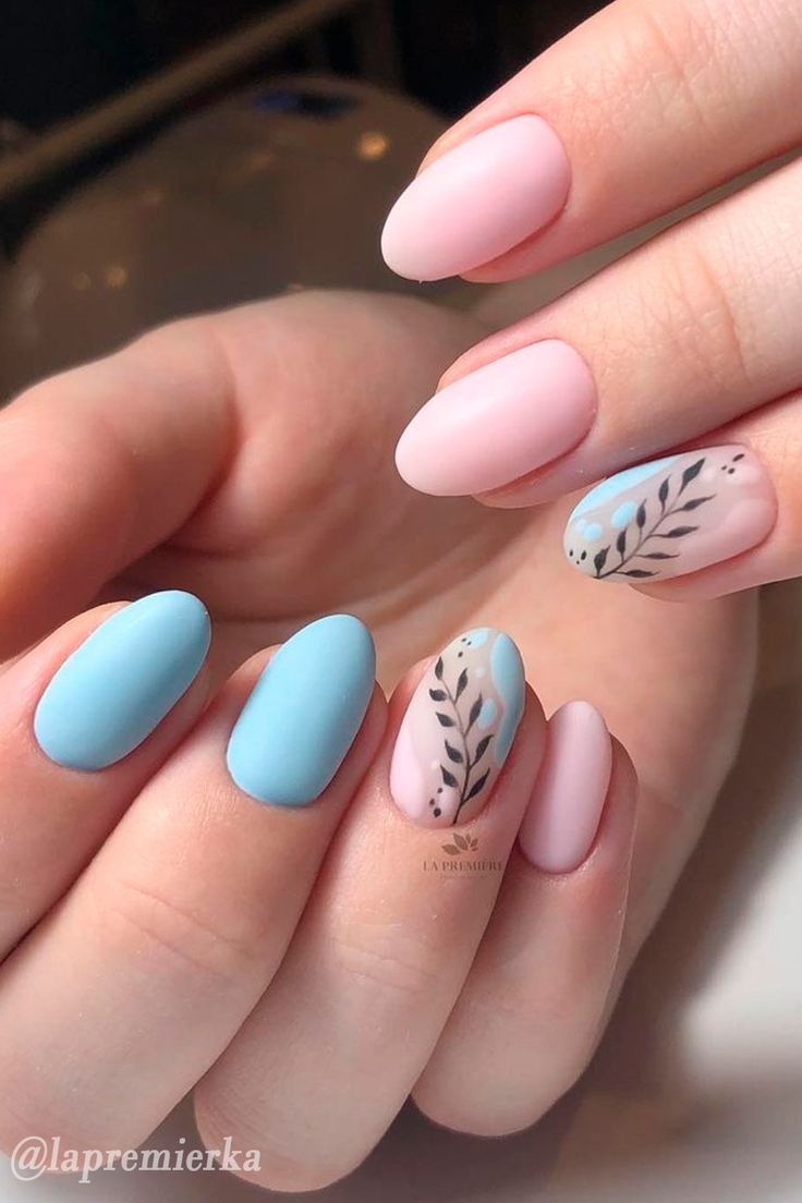 Matte Light Pink And Blue Nails With Leaf Nail Art
