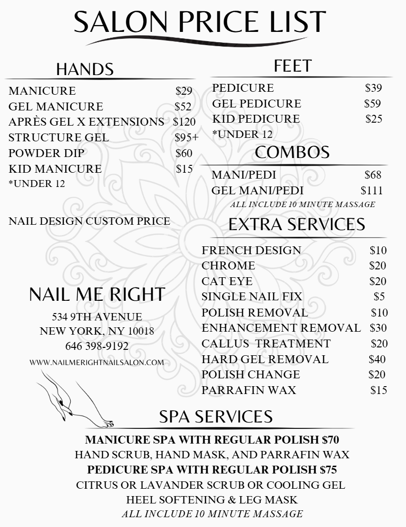 Menu Prices Nail Me Right Nail Salon