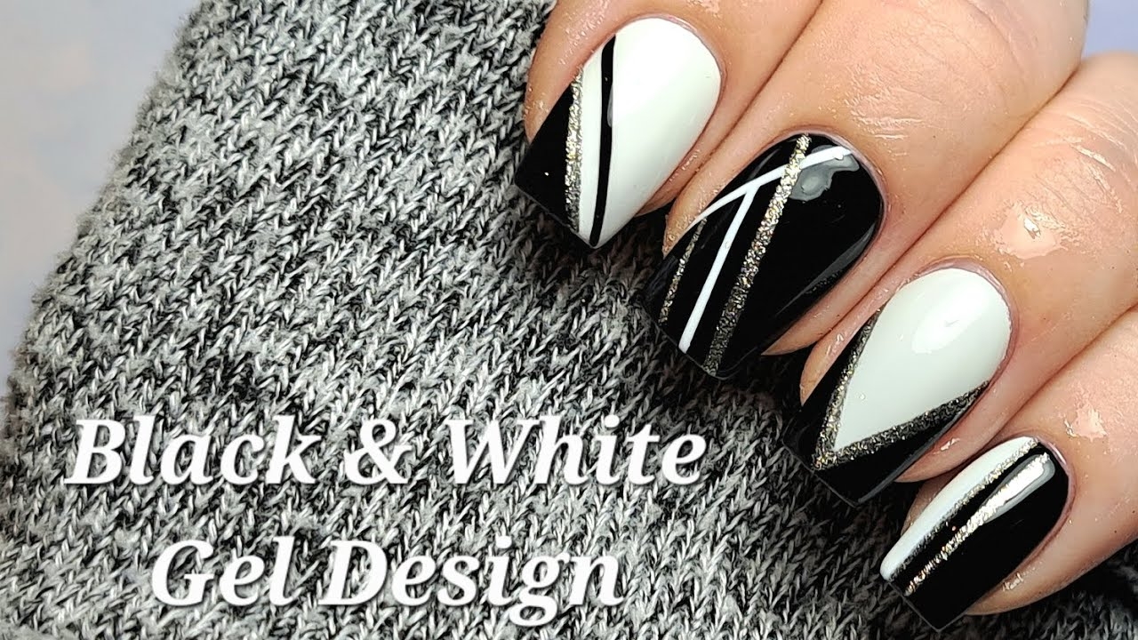 NAIL ART Black White Silver Gel Nail Design Linework YouTube