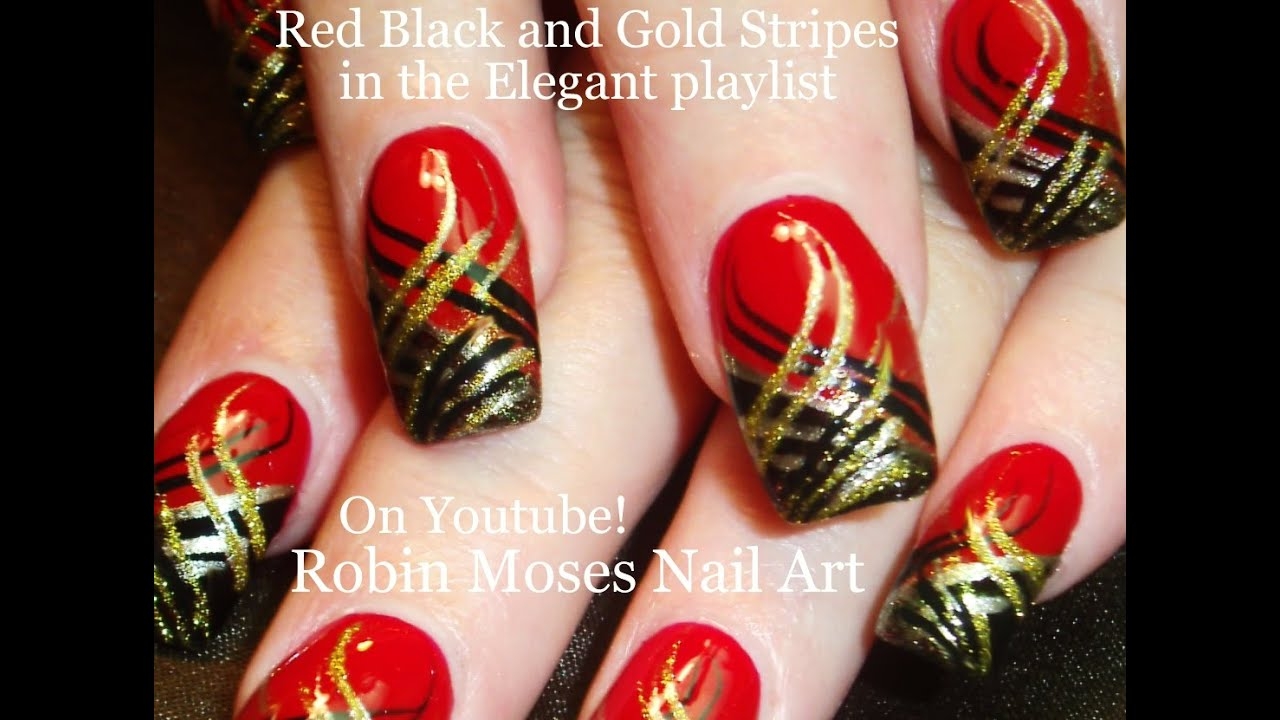 Nail Art DIY Red Nails With Stripes Black And Gold Nail Design Tutorial YouTube