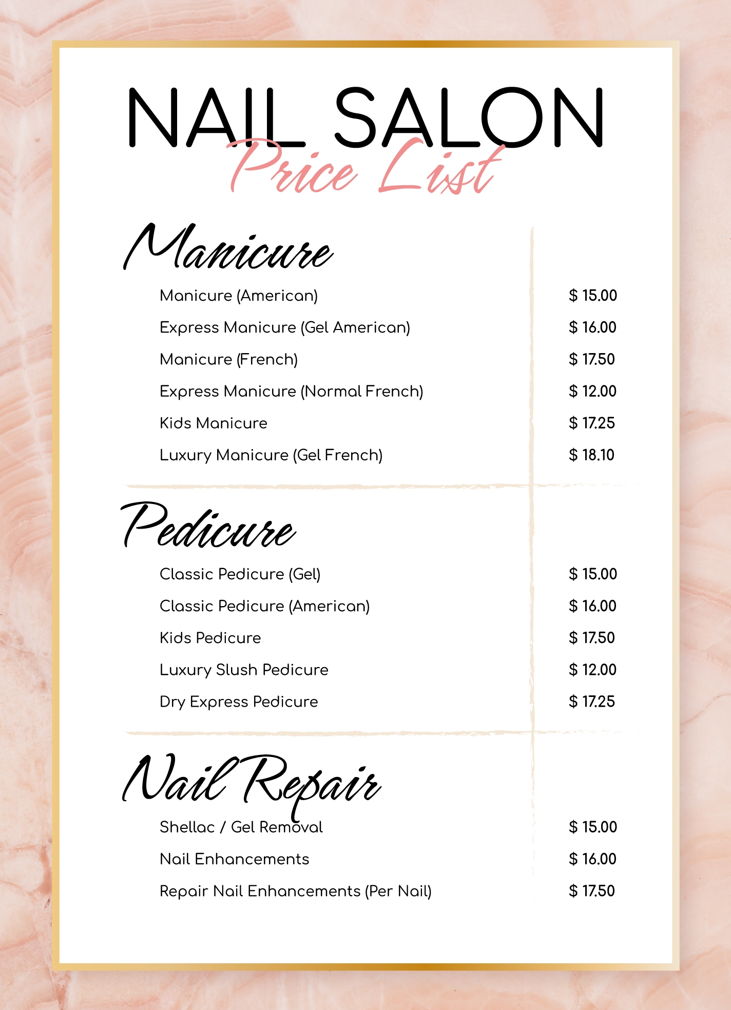 Nail Salon Price List Free Google Docs Template Gdoc io